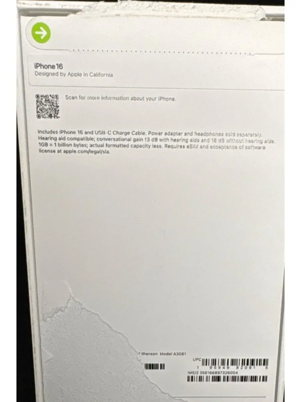 Apple iPhone 16 White Retail Box Only - Empty Box Only Model A3081 No Phone